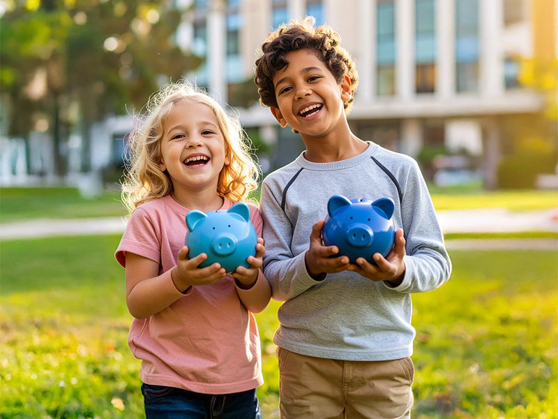 Ein Mädchen und ein Junge halten jeweils ein blaues Sparschweinen